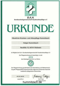 BAH Urkunde 2019Die Häusliche Kranken- und Altenpflege Hummitzsch ist Mitglied der B.A.H. Bundesarbeitsgemeinschaft Hauskrankenpflege e.V..