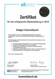 pdl.konkret - Zertifikat für die erfolgreiche Weiterbildung in 2018Holger Hummitzsch hat sich 2018 als Leser von "pdl.konkret ambulant" kontinuierlich weitergebildet, um den hohen Qualitätsansprüchen dieses Pflegedienstes zu sichern.